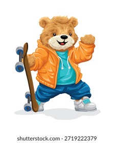 Fröhlicher Bär posiert mit Skateboard, Vektorgrafik
