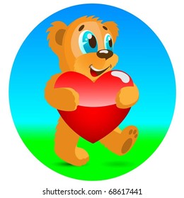 Happy bear with red heart. Vector.