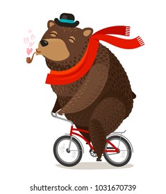 Happy bear riding bike. Pleasure trip concept. Cartoon vector illustration