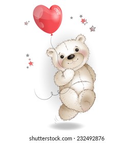 Happy Bear running with a balloon in the shape of a heart