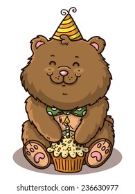 happy bear. Vector illustration of happy cartoon bear with birthday cupcake