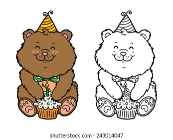 happy bear. Vector illustration coloring page of happy cartoon bear with birthday cupcake for children and scrap book  