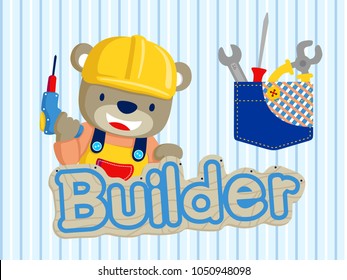 Happy bear wearing builder costume holding electric drill with builder tools on a pocket. Vector cartoon illustration