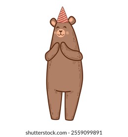 Happy bear wearing a festive hat, celebrating in a cheerful stance. Rustic, nature-inspired style suited for eco-friendly party visuals. For creating birthday-themed materials, posters, designs