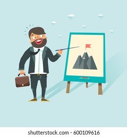 Happy bearded business man showing purpose concept. Chartboard with flag on a peak of mountains. Vector illustration in flat style