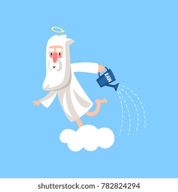 Happy bearded cartoon character of god on the cloud watering the earth with rain. Religious concept. Vector illustration