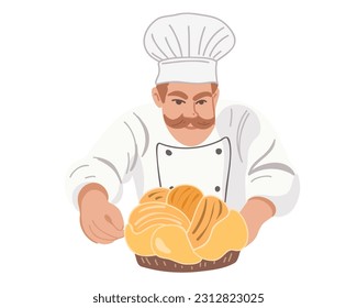 Happy bearded chef or confectioner baker with pastries isolated on white background vector illustration