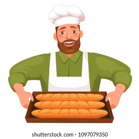 happy bearded chef holding tray of pastries isolated on white background
vector illustration