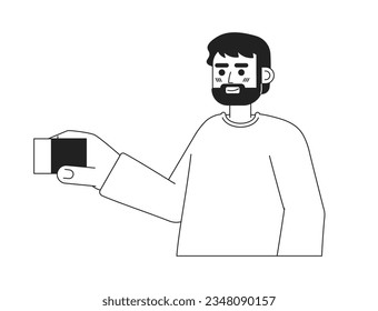Happy bearded dad holding constructor cube monochromatic flat vector character. Male parent in daycare. Editable thin line person on white. Simple bw cartoon spot image for web graphic design
