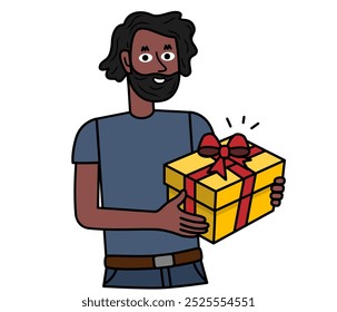 Happy bearded Elderly black man man man holding a gift
