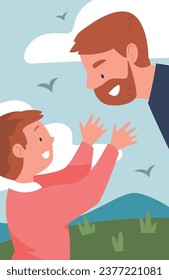 Happy Bearded Father Talk to His Son Walking and Spend Time Together Vector Illustration