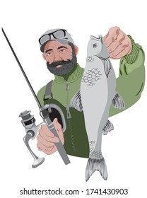 Happy bearded fisherman holding fishing rod and a fish. Green sweater and gray cap. Vector