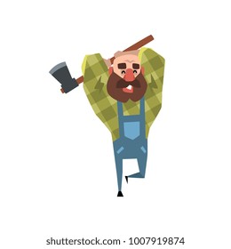 Happy bearded lumberjack working with axe. Cartoon bald man in green checkered shirt and blue coveralls. Funny woodcutter with big brown beard. Flat vector design