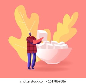 Happy Bearded Male Character Holding in Hands Huge Cube Refined Sugar Prepare for Tea or Coffee Party. Man with Sweet for Hot Beverage Serving Table for Guests Coming. Cartoon Flat Vector Illustration