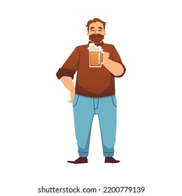 Happy bearded man with beer mug flat style, vector illustration isolated on white background. Alcoholic drink with foam, smiling character, beer festival visitor