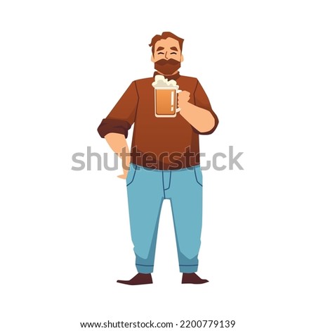 Happy bearded man with beer mug flat style, vector illustration isolated on white background. Alcoholic drink with foam, smiling character, beer festival visitor