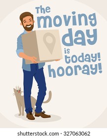 Happy bearded man with a cat holding a cardboard box moving day