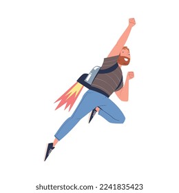 Happy Bearded Man Character with Jetpack Flying Propelling Through the Air Vector Illustration