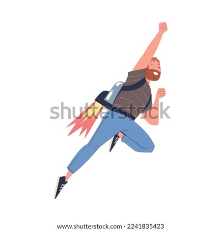 Happy Bearded Man Character with Jetpack Flying Propelling Through the Air Vector Illustration