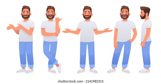 Happy bearded man character set. The guy points and shows something, poses and makes a choice, side view. Vector illustration in cartoon style