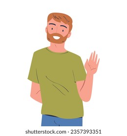 Happy Bearded Man Character Waving Hand and Smiling Vector Illustration