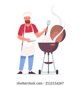 Feliz hombre barbudo cocinando barbacoa. El cocinero prepara carne a la parrilla. La barbacoa. Ilustración vectorial aislada en fondo blanco.