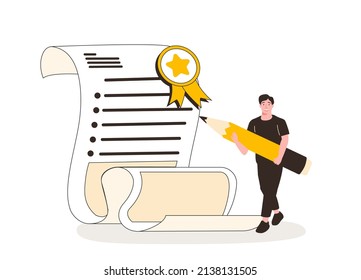 Happy bearded man and document with wafer seal and ribbon. Concept of online professional certificate program, graduate diploma.Modern flat vector illustration for website