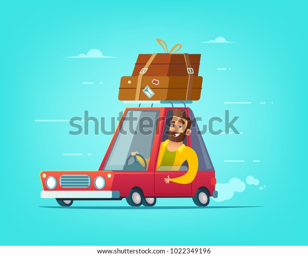 Happy bearded man driving a car. Holiday on\
a trip concept\
illustration.