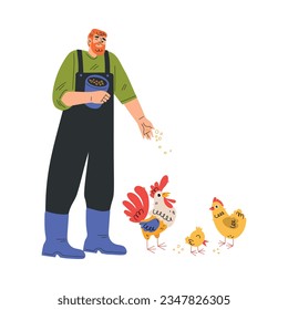Happy Bearded Man Farmer Character Throwing Grain to Poultry Vector Illustration