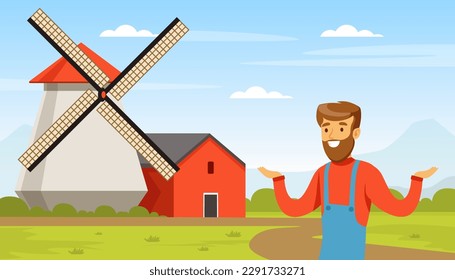 Hombre granjero feliz sonriendo con molino de harina y casa de barno detrás de ilustración vectorial