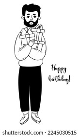 Happy bearded man in full length with boxes of gifts. Vector hand drawing in doodle style. Male festive character with text Happy birthday