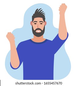 Happy bearded man with hands up.  Vector illustration in cartoon style.