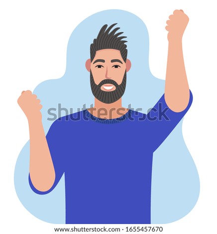 Happy bearded man with hands up.  Vector illustration in cartoon style.