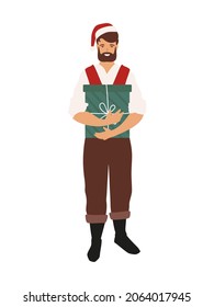 Happy bearded man holding gift box. Male standing in Santa Claus hat and red jacket. Smiling character design for Christmas cards or New Year banners. Vector isolated illustration.