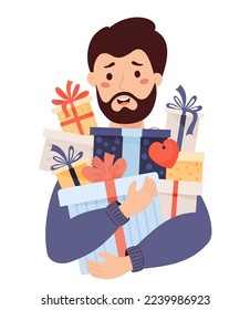 Happy bearded man holds many gifts and boxes in his hands. Vector illustration in cartoon flat style. male character for design of holiday themes, Christmas and birthday, gifts and sales