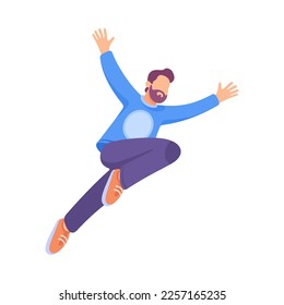 Happy Bearded Man Jumping Engaged in Active Motion Vector Illustration