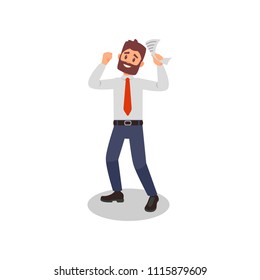 Happy bearded man with paper in hand. Young office worker celebrating achievement of victory. Isolated flat vector design