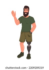 Happy bearded man with prosthetic leg. He smiles and waves his hand. People with disabilities. Vector.