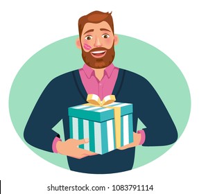 happy bearded man receives a gift. present for man vector illustration