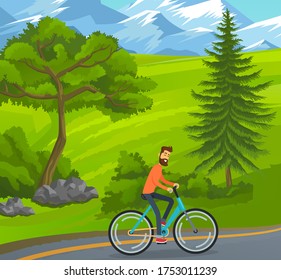 Happy bearded man riding bicycle on road near green trees, hills at snowy mountains background. Cheerful guy enjoy of riding outdoors. Young man traveling on bike. Summer nature. Vector image