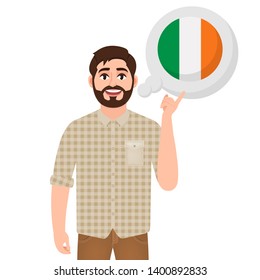 Happy bearded man says or thinks about the country of Ireland, European country icon, traveler or tourist vector illustration