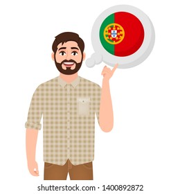 Happy bearded man says or thinks about the country of Portugal, European country icon, traveler or tourist vector illustration