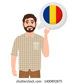 Happy bearded man says or thinks about the country of Romania, European country icon, traveler or tourist vector illustration