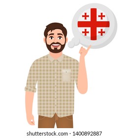 Happy bearded man says or thinks about the country Georgia, European country icon, traveler or tourist vector illustration