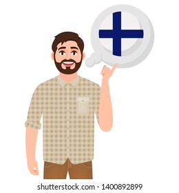 Happy bearded man says or thinks about the country of Finland, European country icon, traveler or tourist vector illustration