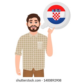 Happy bearded man says or thinks about the country of Croatia, European country icon, traveler or tourist vector illustration