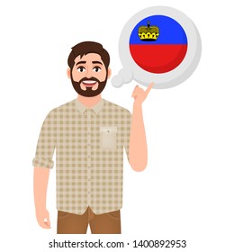 Happy bearded man says or thinks about the country Liechtenstein, European country icon, traveler or tourist vector illustration