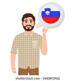 Happy bearded man says or thinks about the country of Slovenia, European country icon, traveler or tourist vector illustration