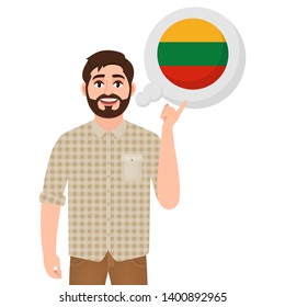 Happy bearded man says or thinks about the country of Lithuania, European country icon, traveler or tourist vector illustration
