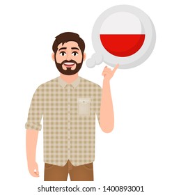 Happy bearded man says or thinks about the country of Poland, European country icon, traveler or tourist vector illustration